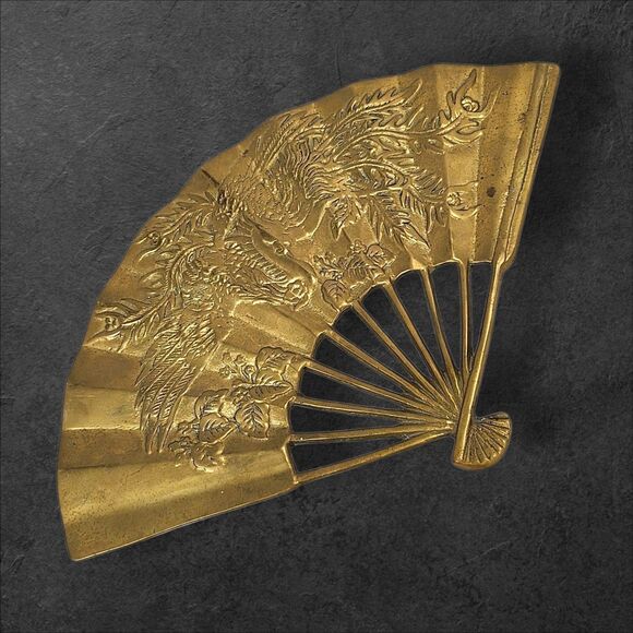 Vintage Brass Wall Fan Asian Motif Cranes & Foliage Heavy 11" Mid-Century Decor - Picture 1 of 5
